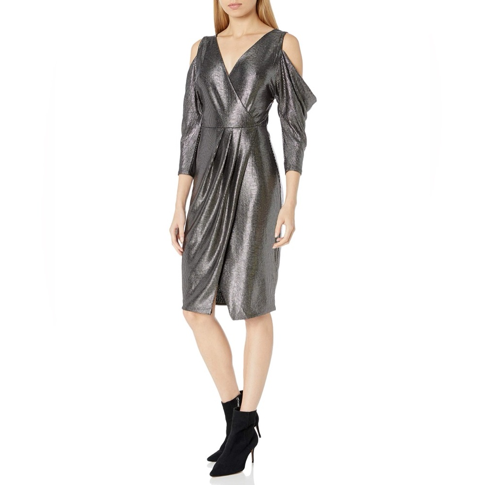 RACHEL Rachel Roy Shimmering Silver Cold Shoulder Dress
